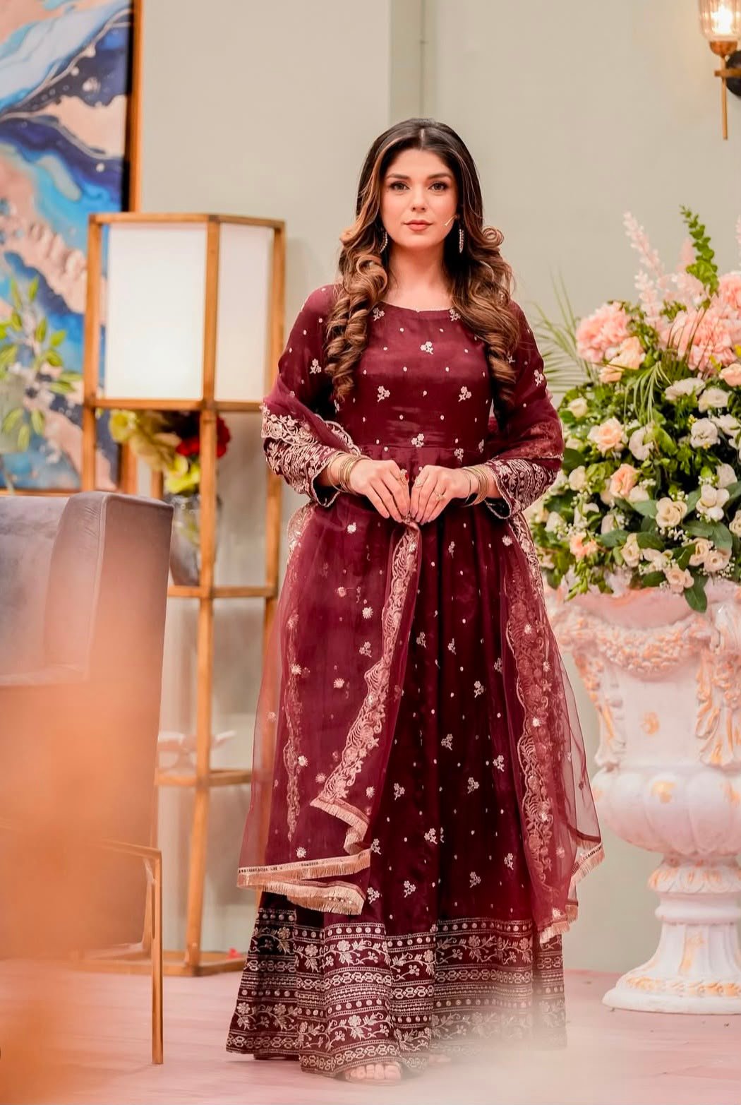 Presenting New Collection Heavy Chinon Silk Gown -Pent Dupatta Set Fully Stitched Ready To Wear