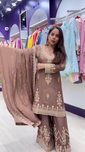 EID SPECIAL SEQUENCE EMBROIDERY ON SILK FABRIC TOP AND PLAZZO WITH DUPATTA SET