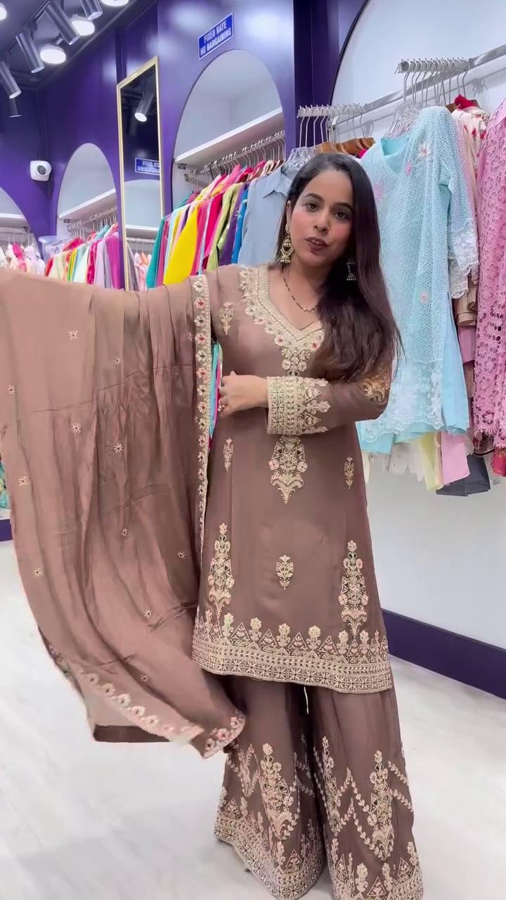 EID SPECIAL SEQUENCE EMBROIDERY ON SILK FABRIC TOP AND PLAZZO WITH DUPATTA SET