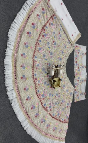 Alternative view of AK Launching 4 meter flared Fox Georgette Real Mirror and Frill Work Lehenga, Exceptional Quality with