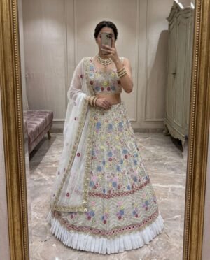AK Launching 4 meter flared Fox Georgette Real Mirror and Frill Work Lehenga, Exceptional Quality with