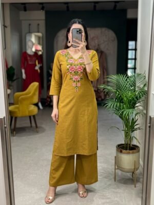 Alternative view of These dress has a modern, minimalist aesthetic. The bold color paired with the different style of embroidery gives it a contemporary Indian fusion look that is both stylish and practical for everyday wear or office environments.
