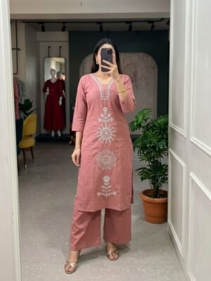 These dress has a modern, minimalist aesthetic. The bold color paired with the different style of embroidery gives it a contemporary Indian fusion look that is both stylish and practical for everyday wear or office environments.