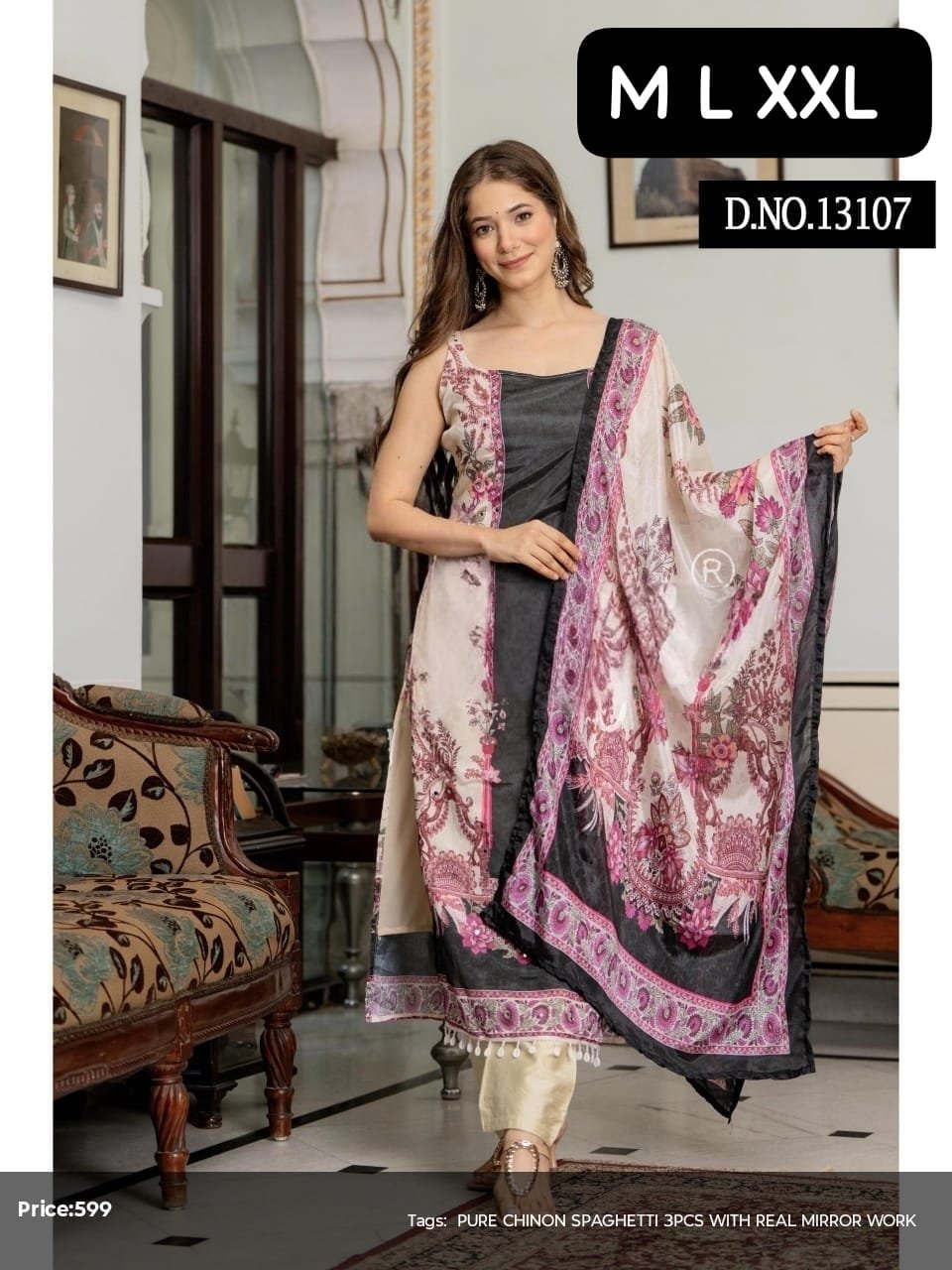 Look straight out of a dreamy movie set as you turn around and walk in this elegant Stylish Spaghetti Style Beautiful Print Chanderi Kurti With Pant And Dupatta Set! The perfect for Outing & Party wear