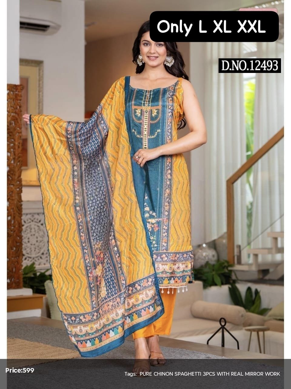 Look straight out of a dreamy movie set as you turn around and walk in this elegant Stylish Spaghetti Style Beautiful Print Chanderi Kurti With Pant And Dupatta Set! The perfect for Outing & Party wear - Image 4