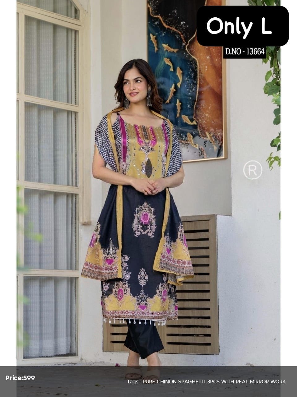 Look straight out of a dreamy movie set as you turn around and walk in this elegant Stylish Spaghetti Style Beautiful Print Chanderi Kurti With Pant And Dupatta Set! The perfect for Outing & Party wear - Image 5