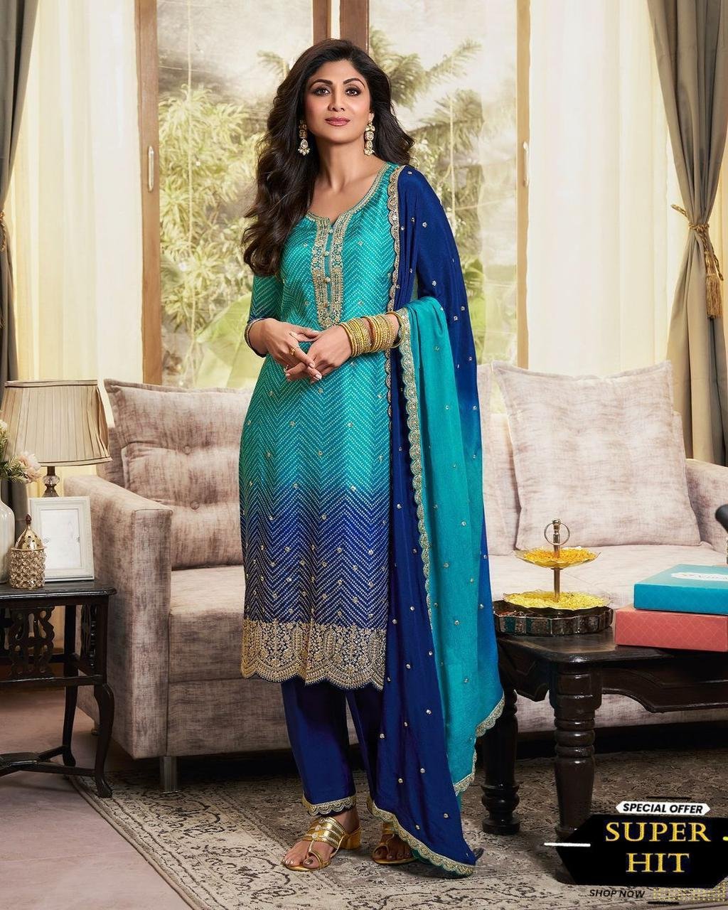 DESIGNER FANCY PURE CHINNON SILK PRINTED AND SEQUENCE EMBROIDERY WORK TOP AND PANT WITH DUPATTA - Image 2