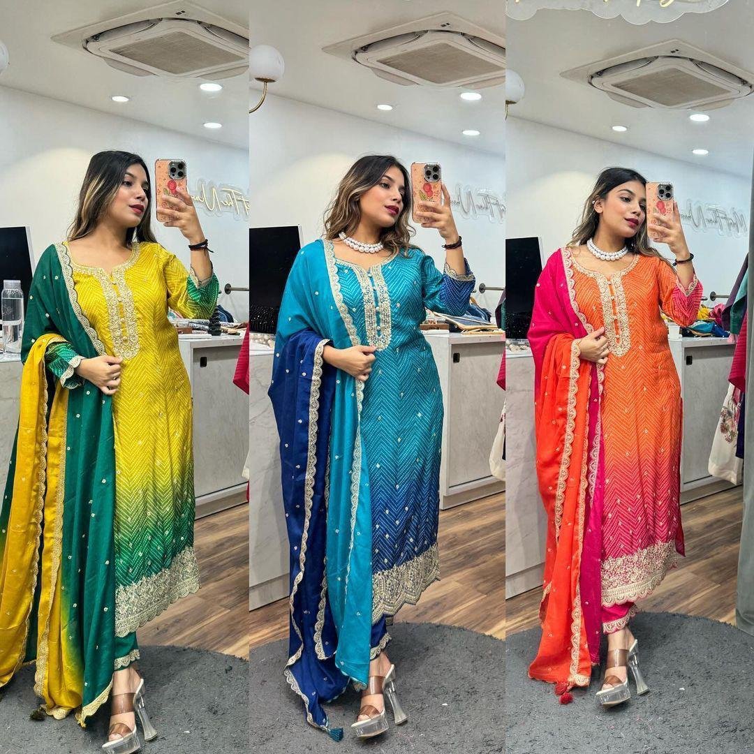 DESIGNER FANCY PURE CHINNON SILK PRINTED AND SEQUENCE EMBROIDERY WORK TOP AND PANT WITH DUPATTA - Image 6