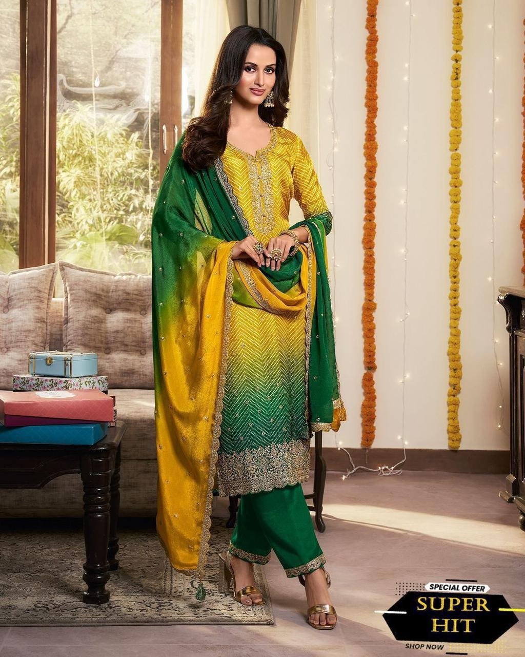 DESIGNER FANCY PURE CHINNON SILK PRINTED AND SEQUENCE EMBROIDERY WORK TOP AND PANT WITH DUPATTA