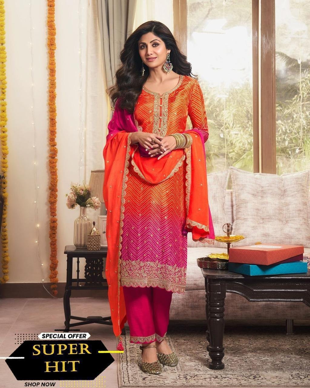 DESIGNER FANCY PURE CHINNON SILK PRINTED AND SEQUENCE EMBROIDERY WORK TOP AND PANT WITH DUPATTA - Image 4