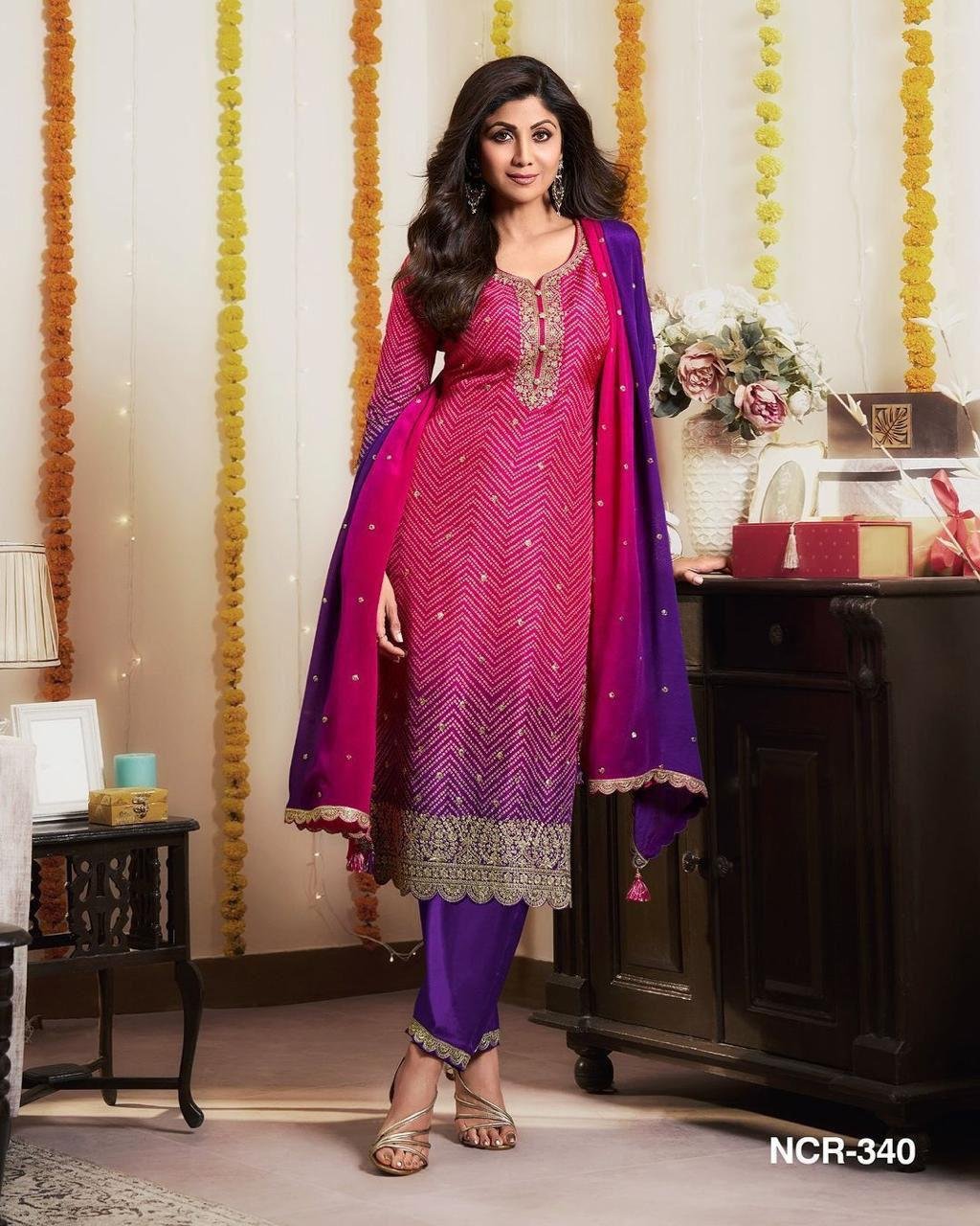 DESIGNER FANCY PURE CHINNON SILK PRINTED AND SEQUENCE EMBROIDERY WORK TOP AND PANT WITH DUPATTA - Image 3