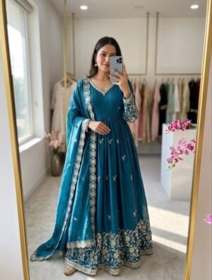 Launching New Design Trending Fendy Silk*Gwon&Pent&dupatta Reddy To Wear Look Design