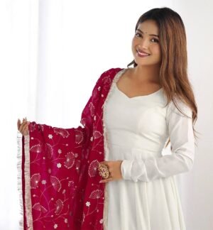 Alternative view of Solid Anarkali Gown With Embroidered Dupatta