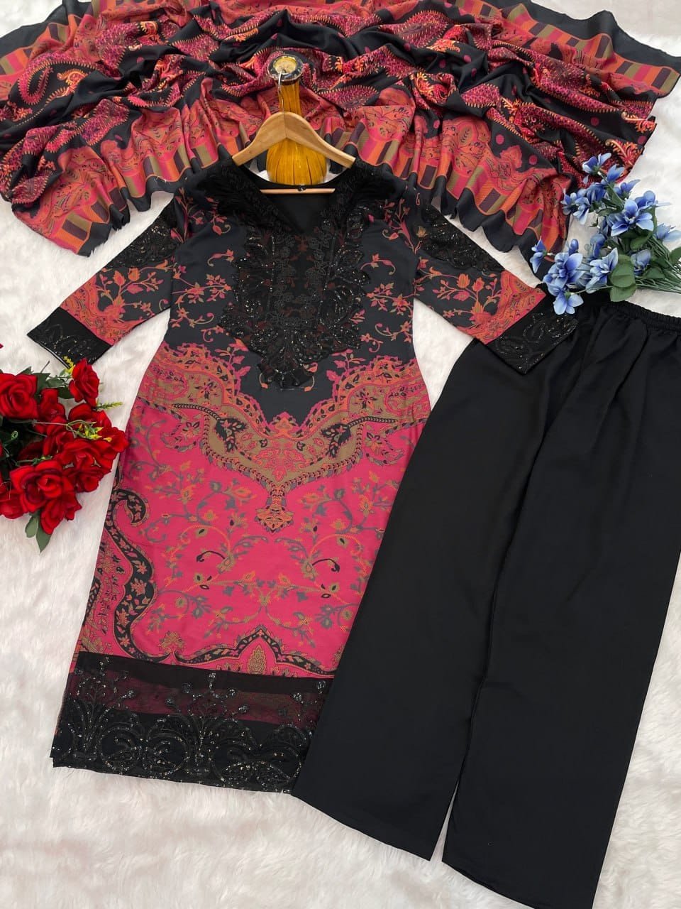 Today We are Launching Exclusively Festive & Party Wear Heavy Muslim Cotton With Heavy Digital Print With Embroidery Sequence Work Patch With Top-Bottom And Dupatta Set Fully Stitched Ready To Wear - Image 3