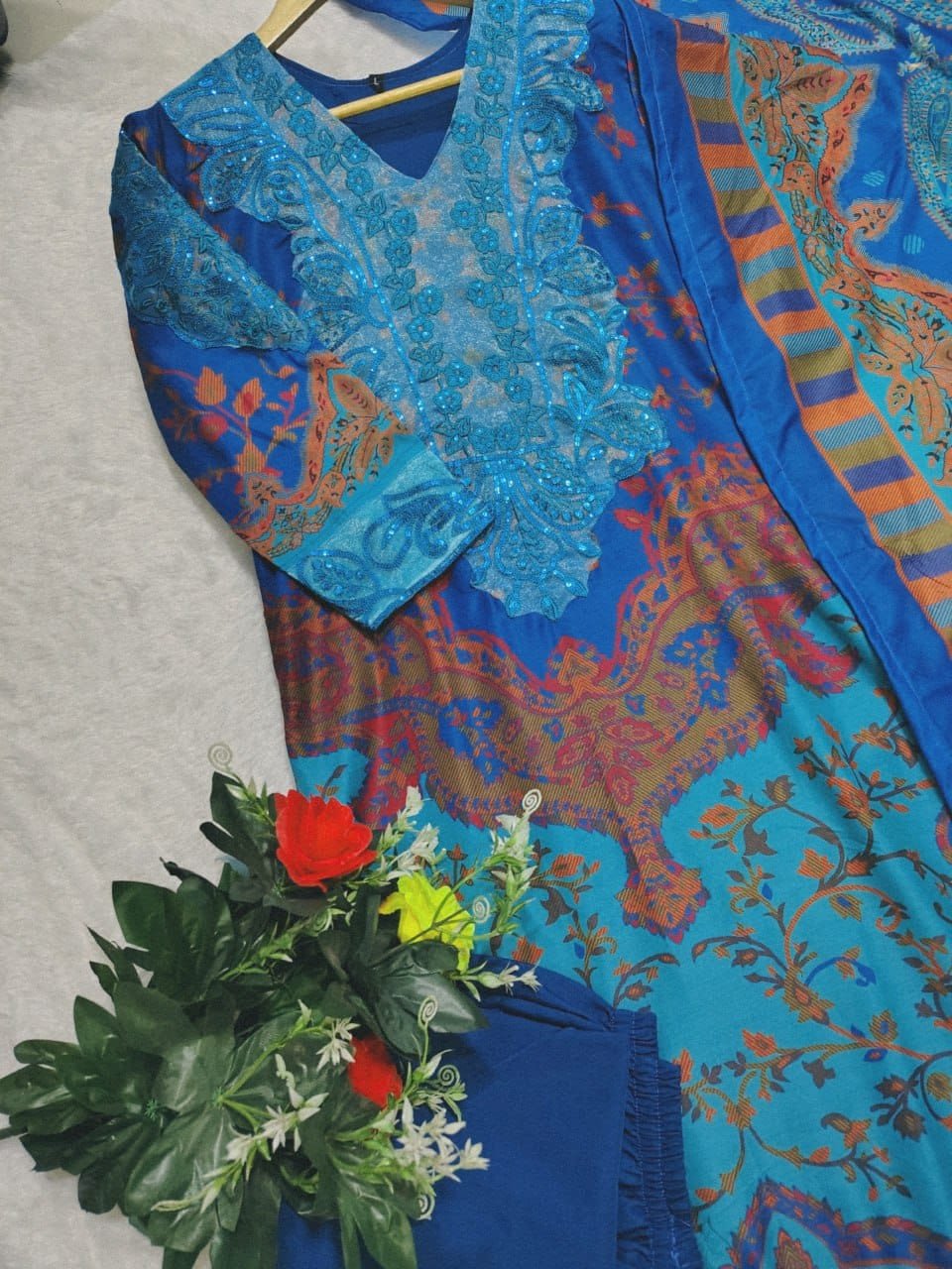 Today We are Launching Exclusively Festive & Party Wear Heavy Muslim Cotton With Heavy Digital Print With Embroidery Sequence Work Patch With Top-Bottom And Dupatta Set Fully Stitched Ready To Wear - Image 4