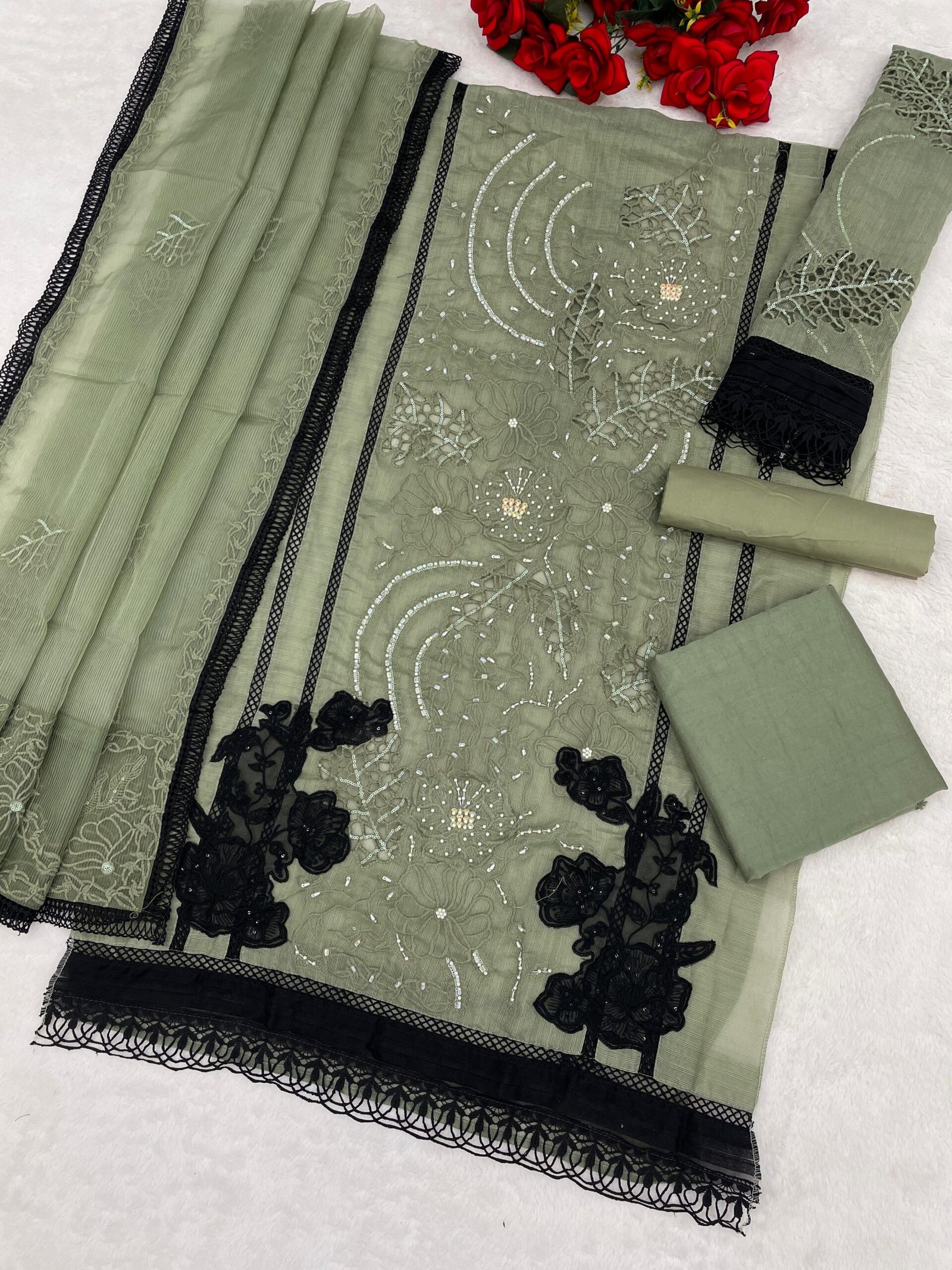 3D Pattern Organza with Heavy Embroidered 3mm Sequence & Khatli Work + Cut Work - Image 2