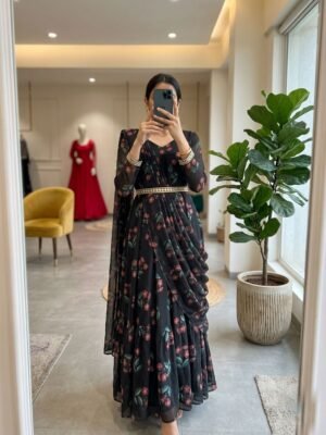 These Dress are a contemporary Indo-western draped gown, often referred to as a Saree-style gown or a Pre-draped Anarkali.