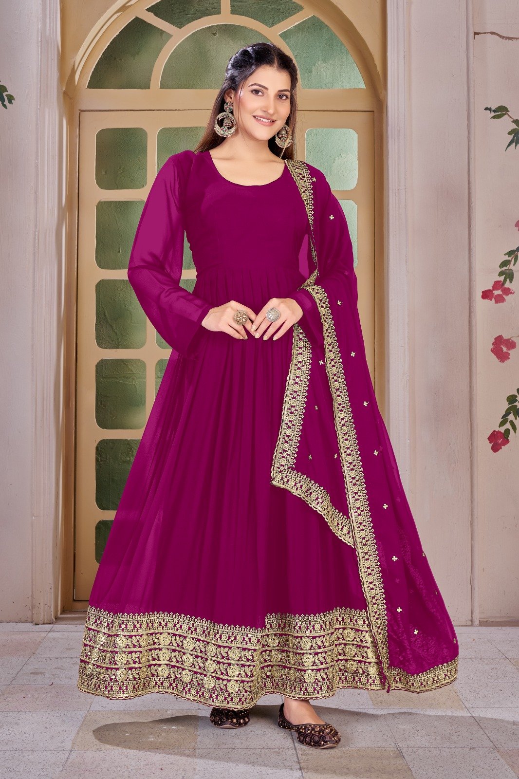 Real Modeling Short Georgette Anarkali Gown Which Is Beautiful Round Nack With decorated With Embroidery is absolutely perfect for your upcoming occasions, it is very easy breezy and comfortable. - Image 5