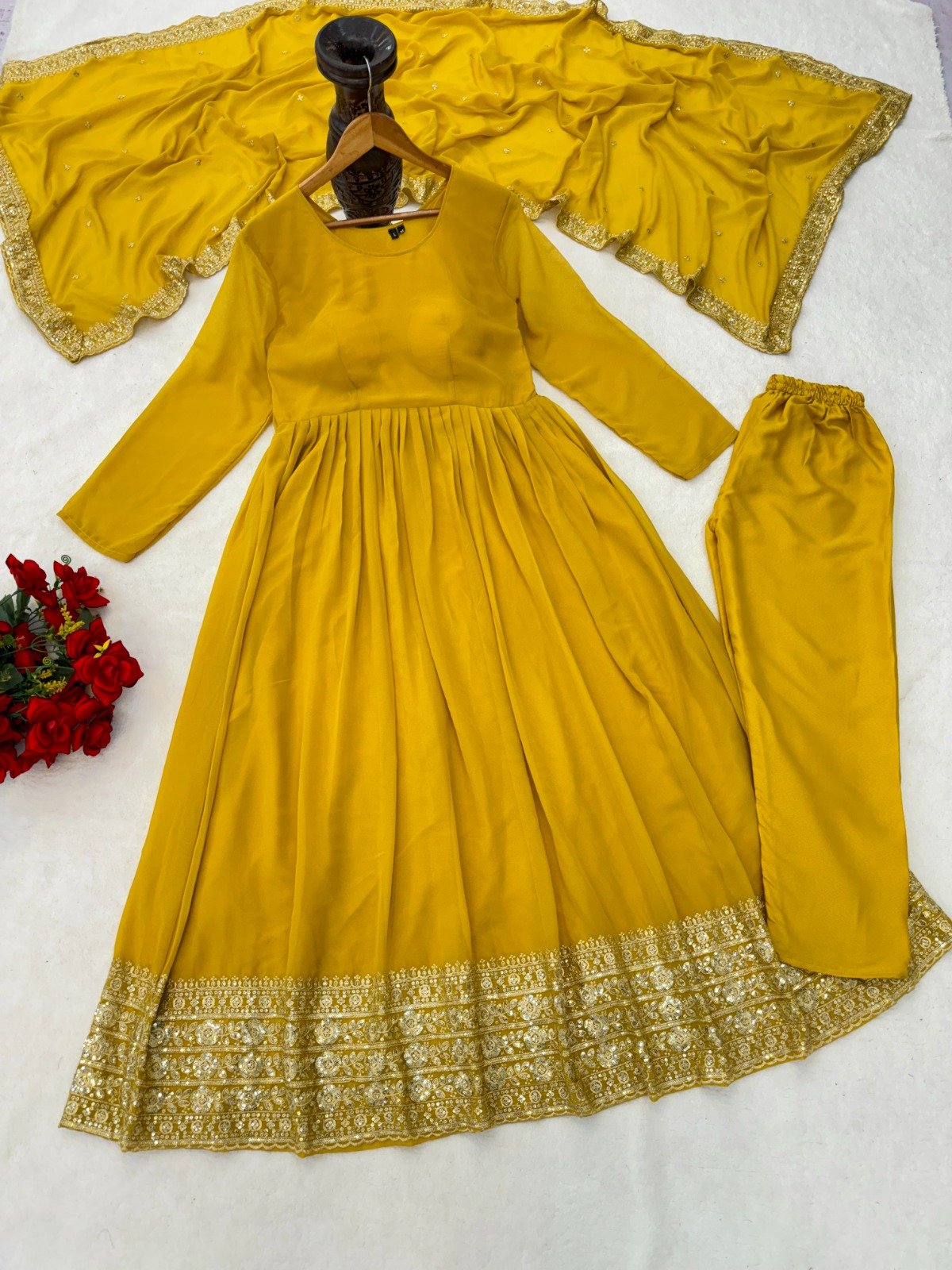 Real Modeling Short Georgette Anarkali Gown Which Is Beautiful Round Nack With decorated With Embroidery is absolutely perfect for your upcoming occasions, it is very easy breezy and comfortable. - Image 2