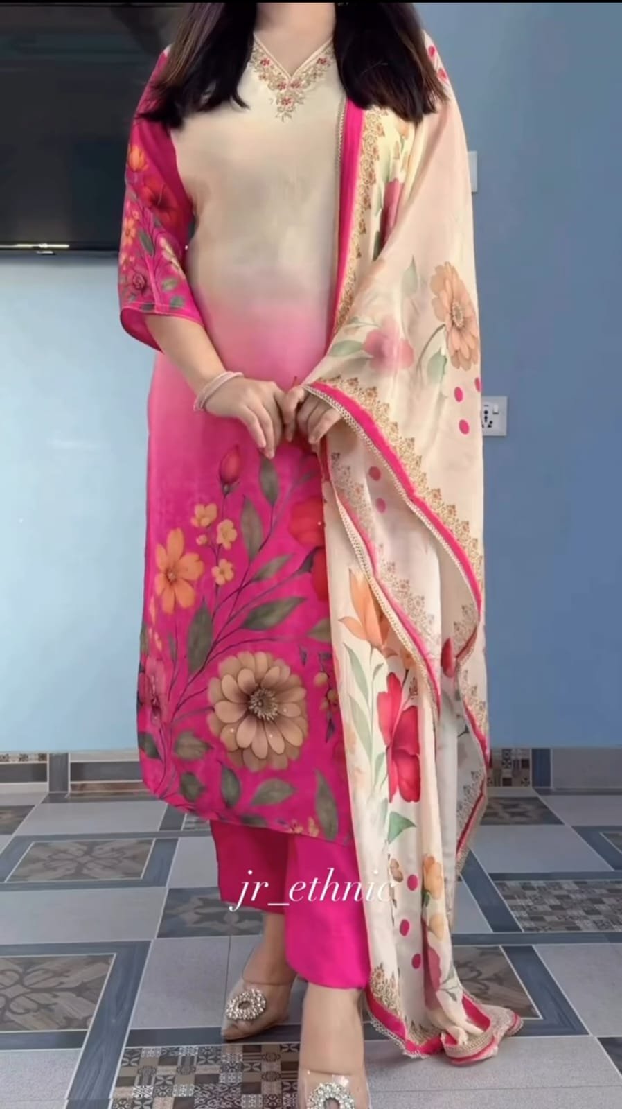 Celebrate the festive season in style with this elegant Soft Waves Silk Kurti Pant Dupatta Set featuring heavy designer neck hand work
