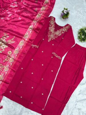 Alternative view of NEW Launching Women's Pink Colour val moti necessary Embroidery Kurta Pant and Dupatta Set