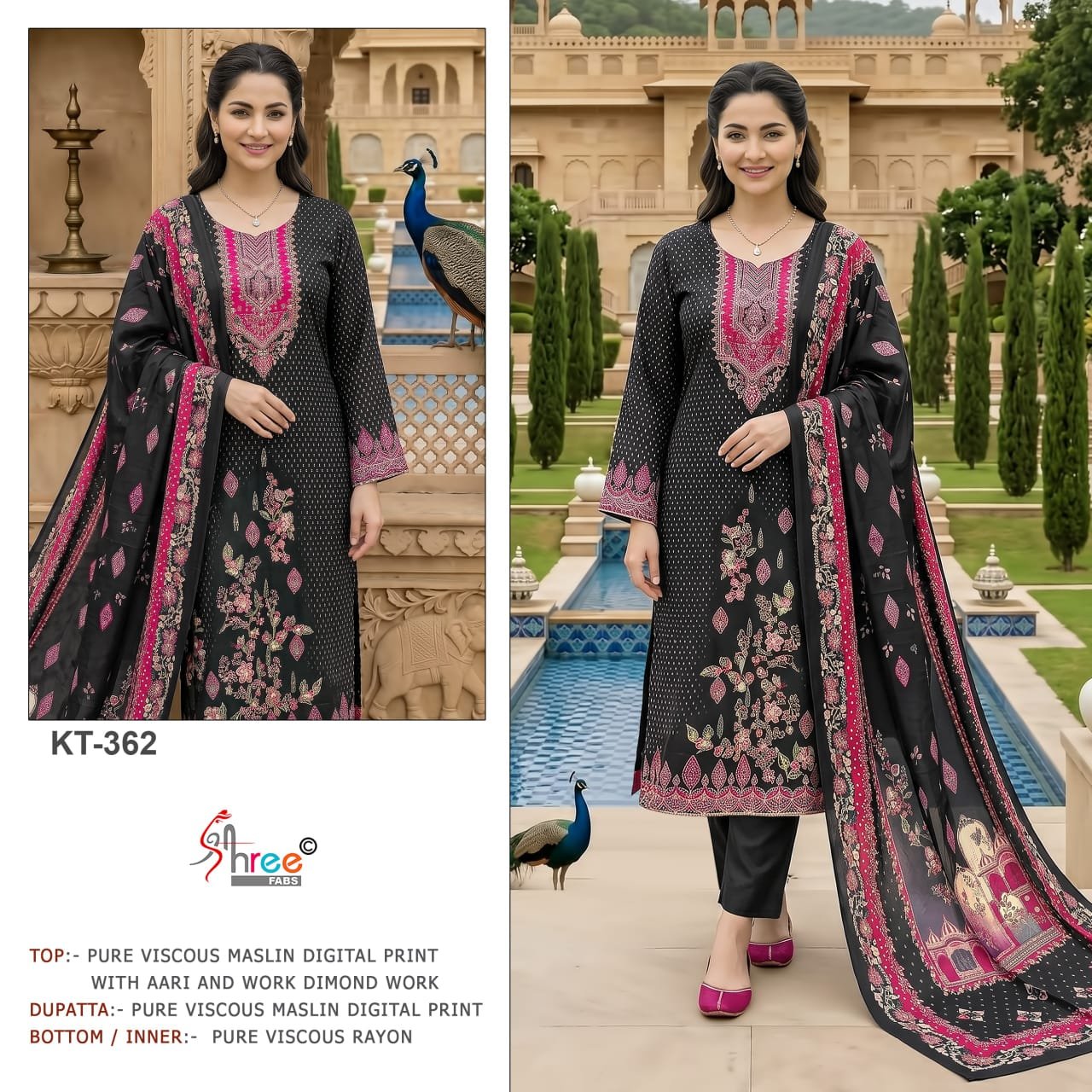 Pure Viscous Maslin Digital Print and Aari Work with dimond
