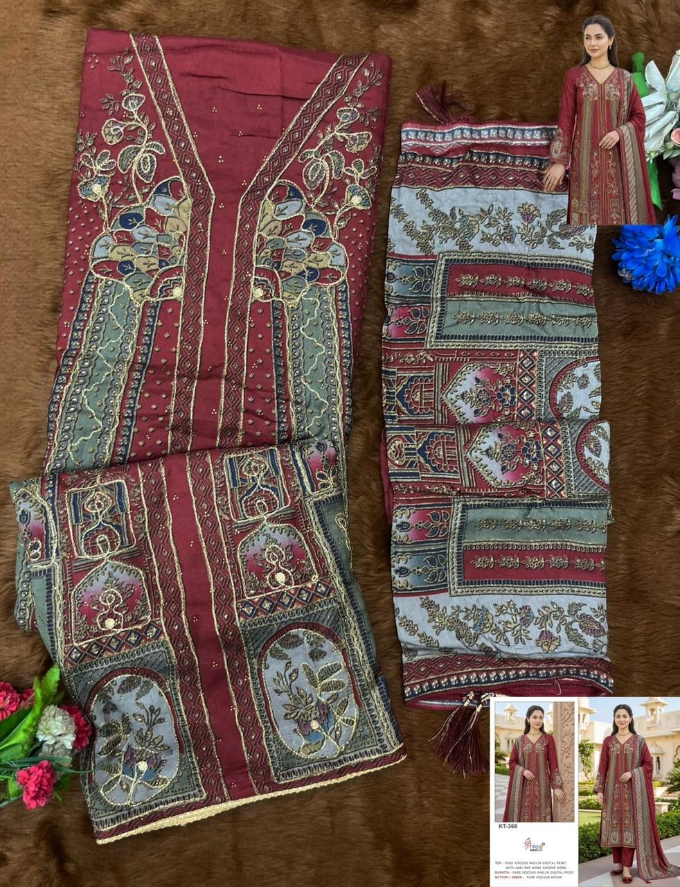 Pure Viscous Maslin Digital Print and Aari Work with dimond - Image 4