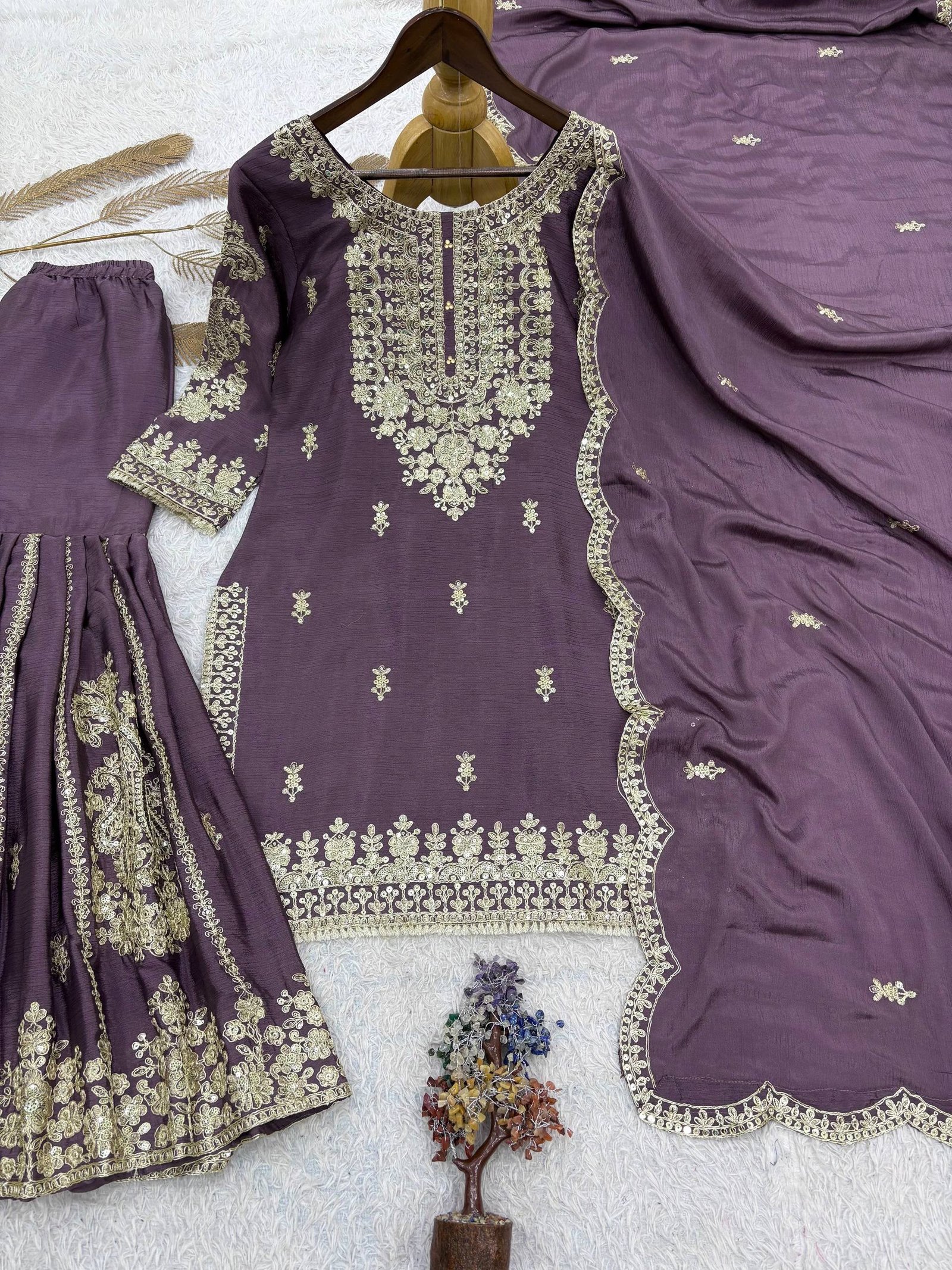 PRESENTING 3 PIECE STYLISH TOP, SHARARA AND DUPATTA WITH BEAUTIFUL EMBROIDERY SEQUENCE WORK AND CODING WORK - Image 2