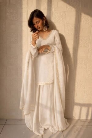 AK-Series New Designer Party Top Pallazo & Dupatta Set