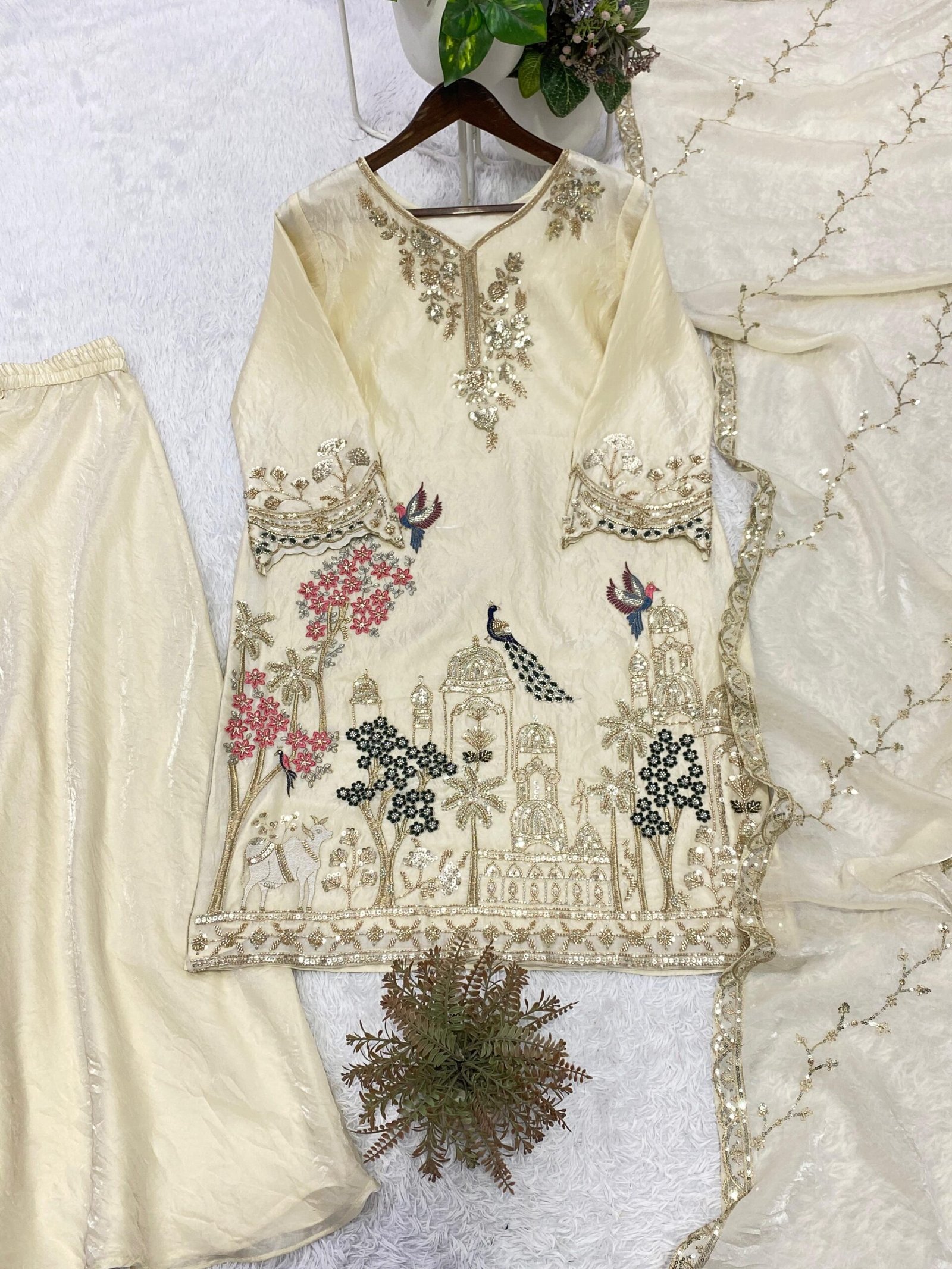 THIS WEDDING SEASON, TRY OUR DESIGNER BEADS WITH SEQUENCE EMBROIDERY WORKED TOP PLAZZO SUIT WITH DUPATTA - Image 2