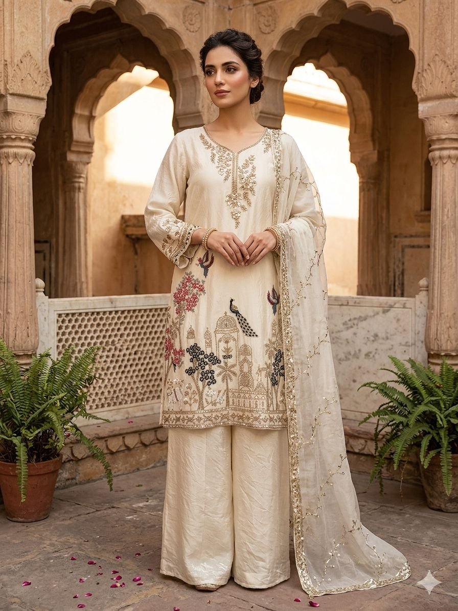 THIS WEDDING SEASON, TRY OUR DESIGNER BEADS WITH SEQUENCE EMBROIDERY WORKED TOP PLAZZO SUIT WITH DUPATTA 