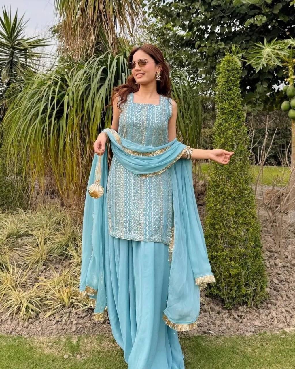 AK-Series New Designer Party Top Pallazo & Dupatta Set - Image 3