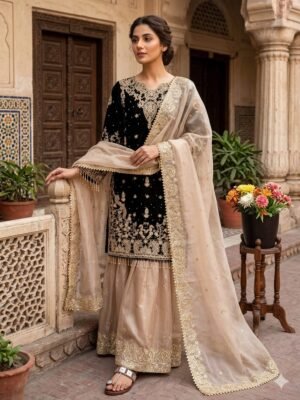 Presenting New Designer Party wear Eid Collection Pure Heavy GMY SILK With Heavy Embroidery Coding Dori-Sequence Work Top-Bottom And Dupatta Set Fully Stitched Ready To Wear