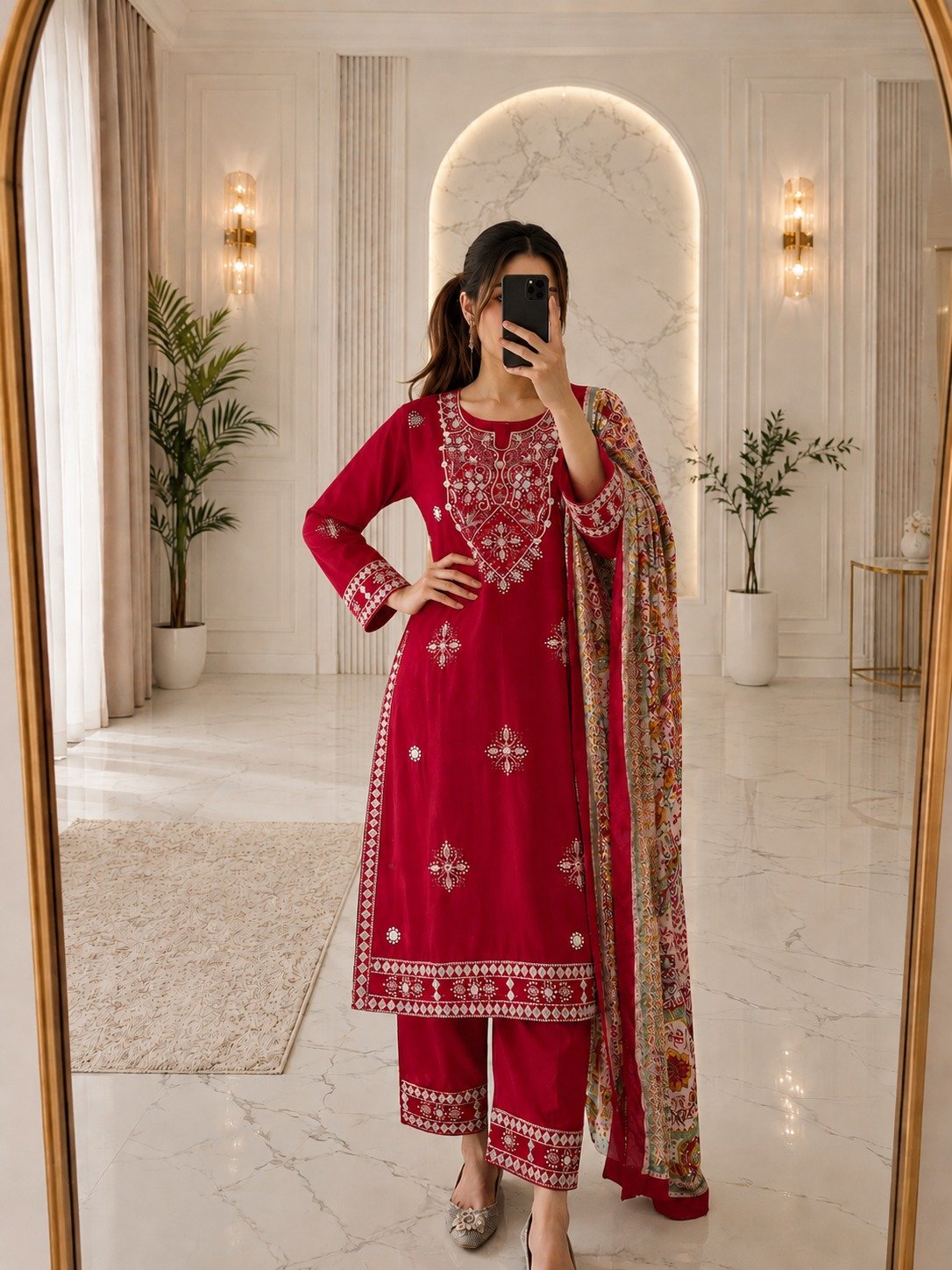 Today We are Launching Exclusively Festive & Party Wear Heavy Cotton With Embroidery Gotapati With Top-Bottom And Dupatta Set Fully Stitched Ready To Wear