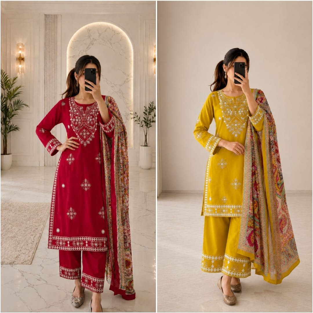 Today We are Launching Exclusively Festive & Party Wear Heavy Cotton With Embroidery Gotapati With Top-Bottom And Dupatta Set Fully Stitched Ready To Wear - Image 5