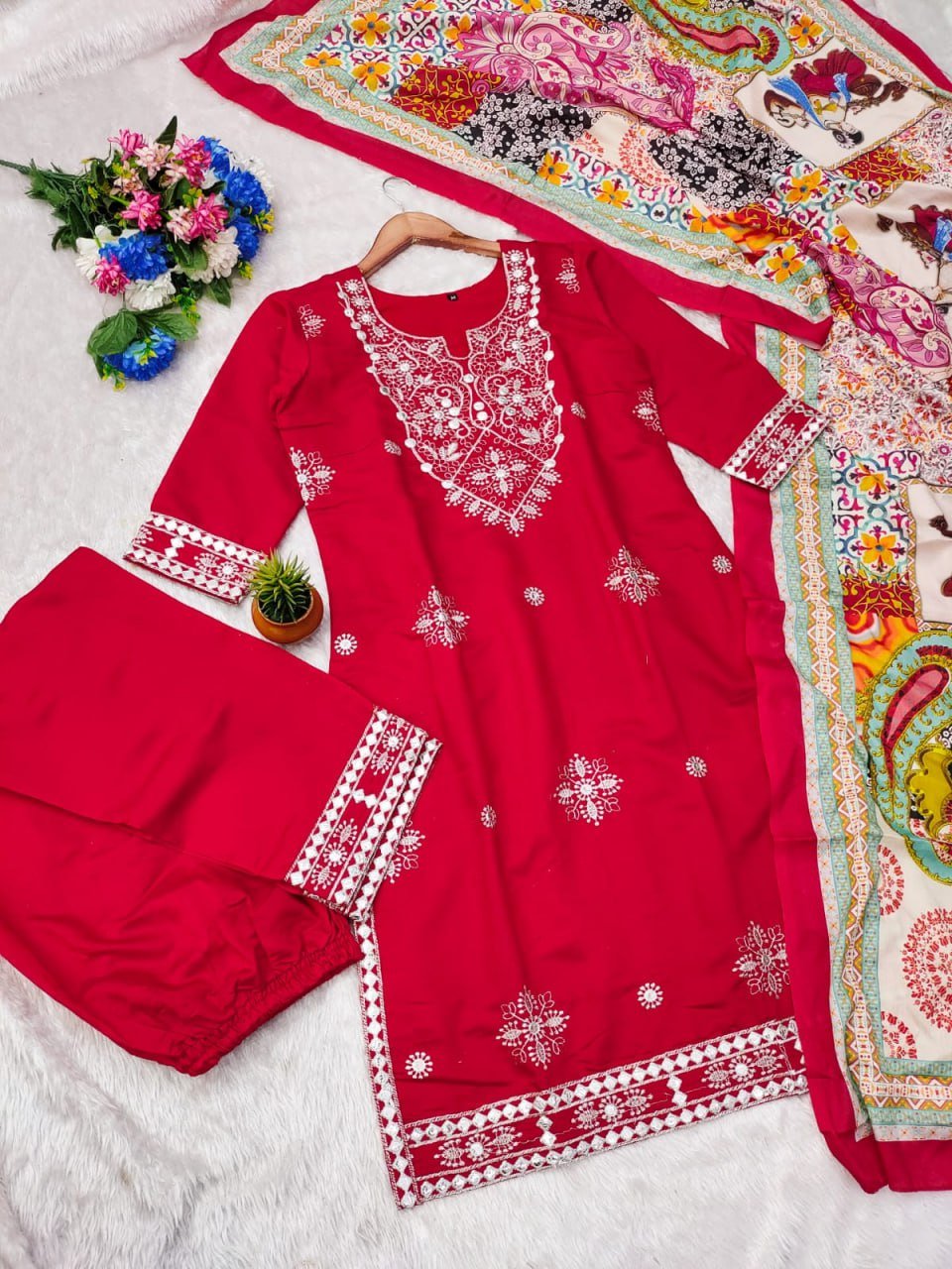 Today We are Launching Exclusively Festive & Party Wear Heavy Cotton With Embroidery Gotapati With Top-Bottom And Dupatta Set Fully Stitched Ready To Wear - Image 2