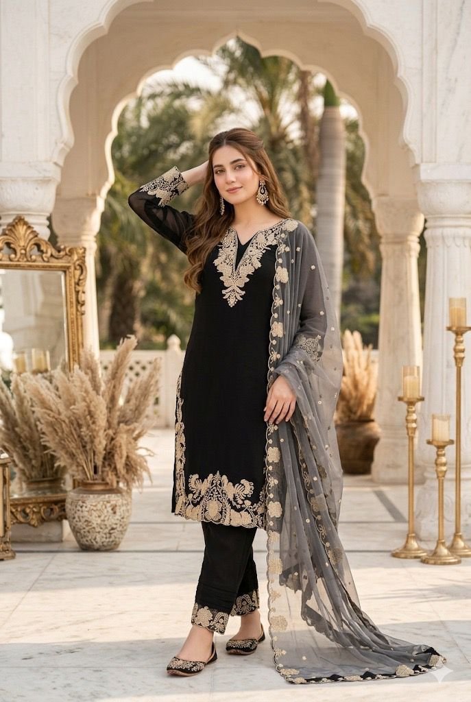 NEW DESIGNER HEAVY FUAX GEORGETTE EMBROIDERY WORK 3 PIS SUIT SET - Image 3
