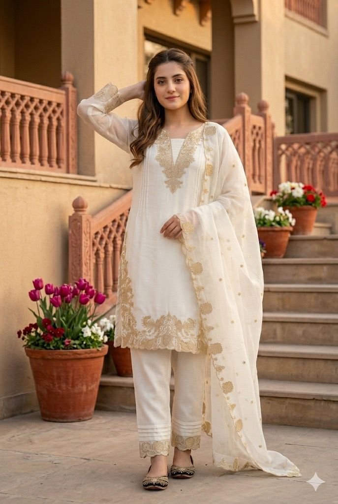 NEW DESIGNER HEAVY FUAX GEORGETTE EMBROIDERY WORK 3 PIS SUIT SET