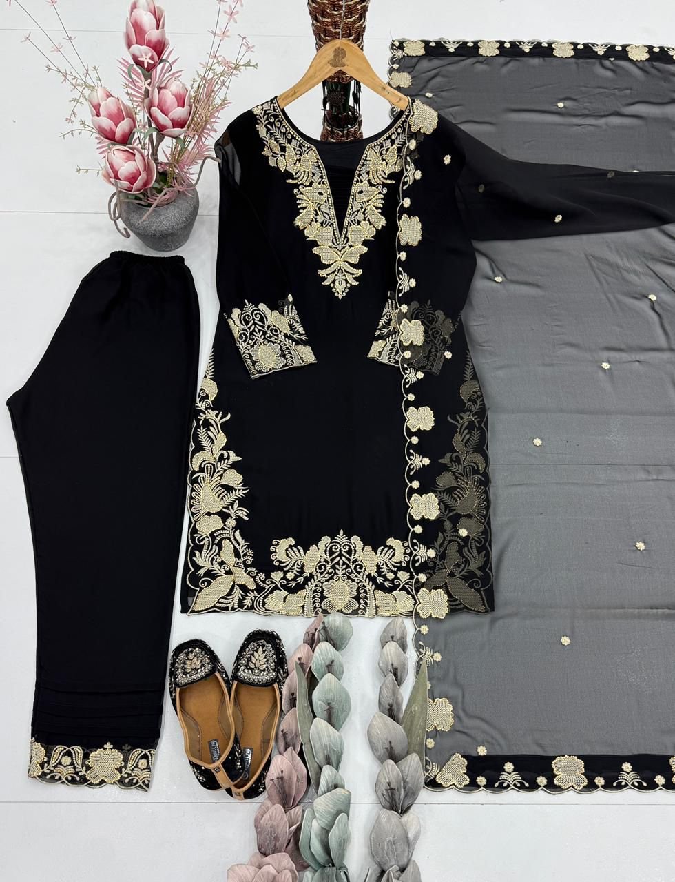 NEW DESIGNER HEAVY FUAX GEORGETTE EMBROIDERY WORK 3 PIS SUIT SET - Image 4