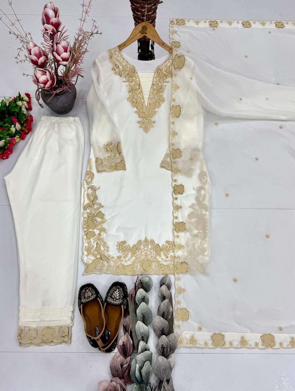 NEW DESIGNER HEAVY FUAX GEORGETTE EMBROIDERY WORK 3 PIS SUIT SET - Image 2