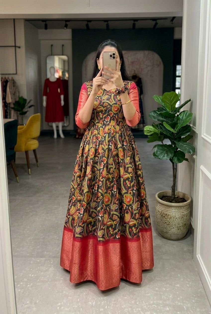 The broad zari border at the hem complements the sleeve detailing, creating a rich and traditional finish - Image 6