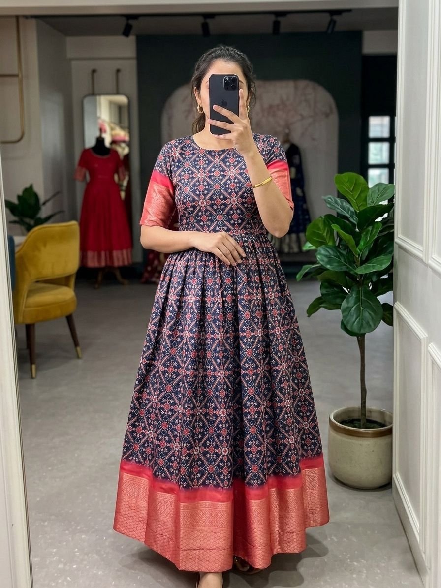 The broad zari border at the hem complements the sleeve detailing, creating a rich and traditional finish - Image 2