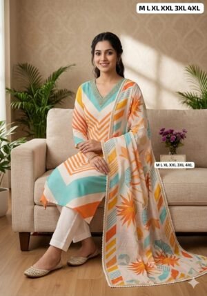Alternative view of Muslin Silk A-Line Kurti With Pant With Dupatta