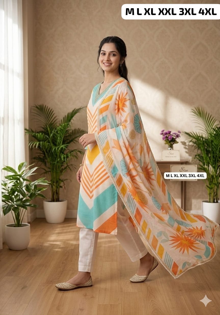 Muslin Silk A-Line Kurti With Pant With Dupatta