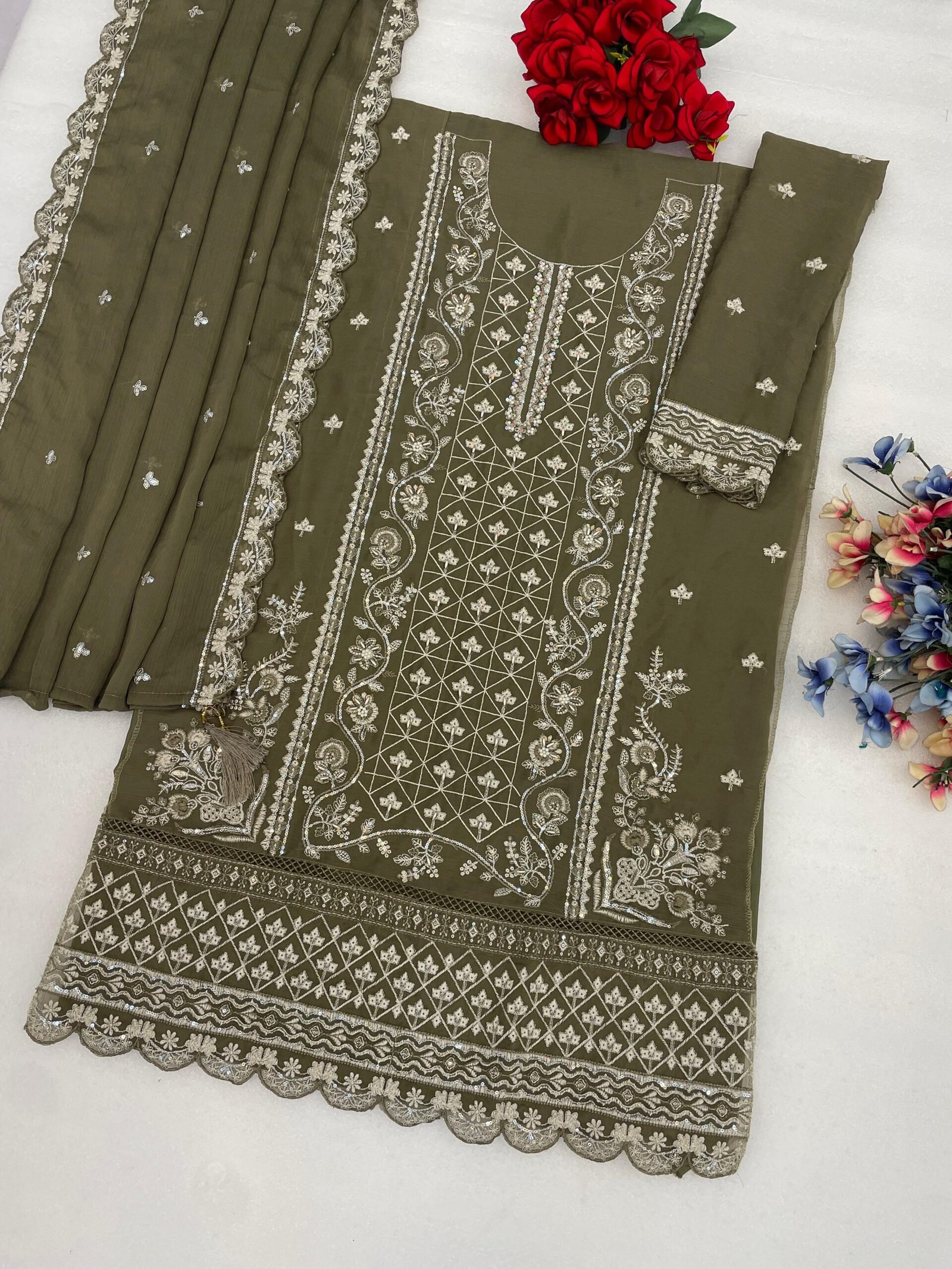 Heavy Chiffon with Heavy Embroidered 3mm Sequence work + Khatli Work - Image 4