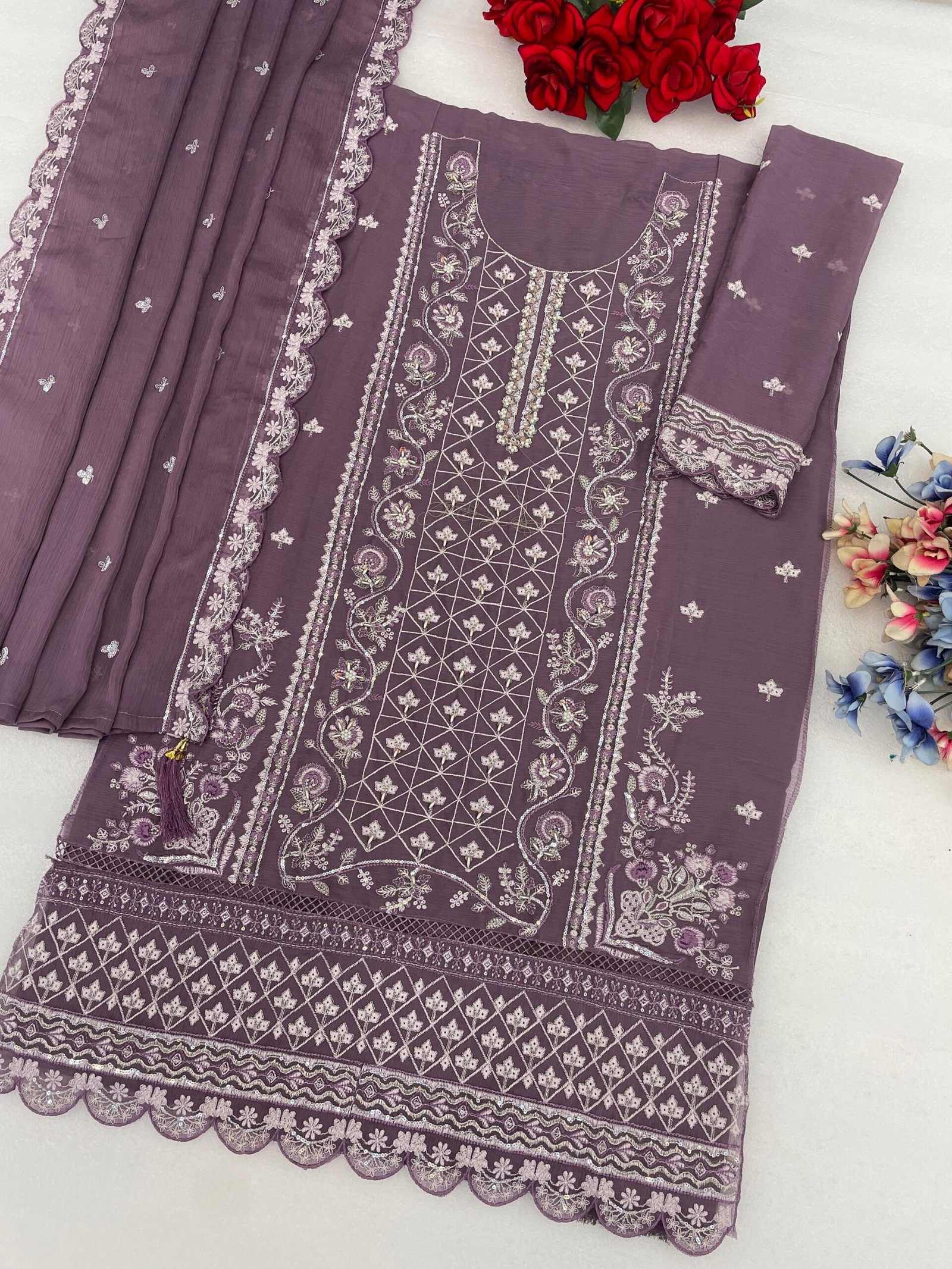 Heavy Chiffon with Heavy Embroidered 3mm Sequence work + Khatli Work - Image 8