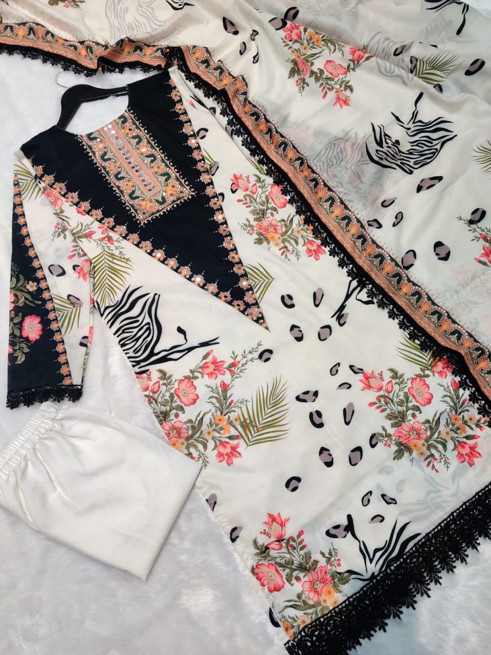 Today We are Launching Exclusively Festive & Party Wear Heavy Muslim Cotton With Heavy Digital Print With Mirror and Dimond Handwork Top-Bottom And Dupatta Set Fully Stitched Ready To Wear * - Image 2