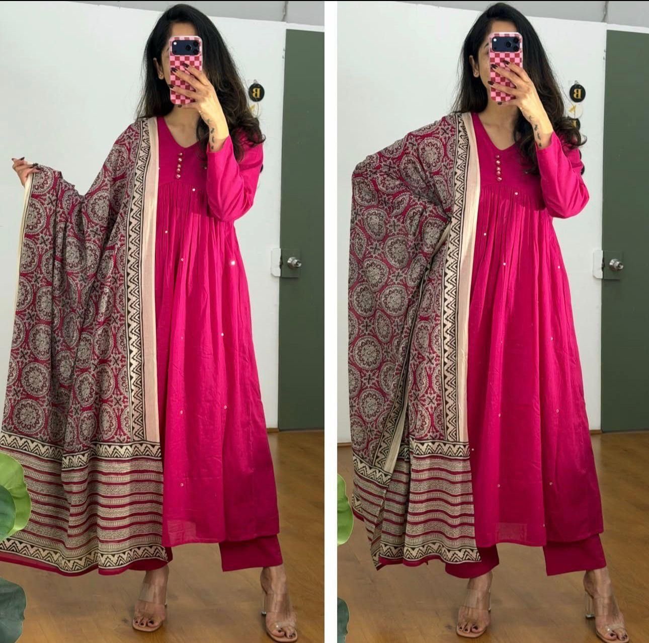Beautiful Aline kurta set with beautiful Jaipur printed mal mal dupatta with matching PanT