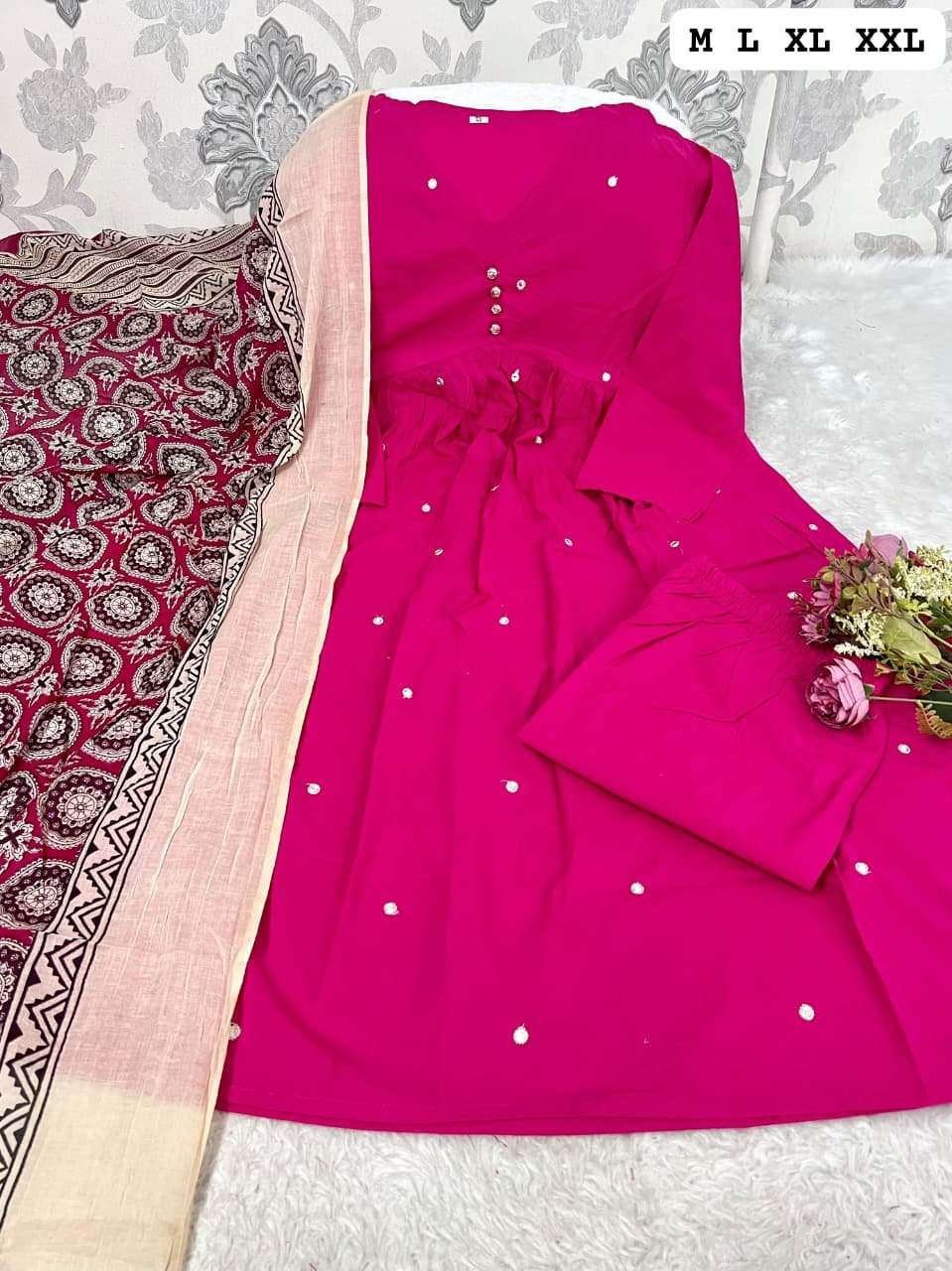 Beautiful Aline kurta set with beautiful Jaipur printed mal mal dupatta with matching PanT - Image 2