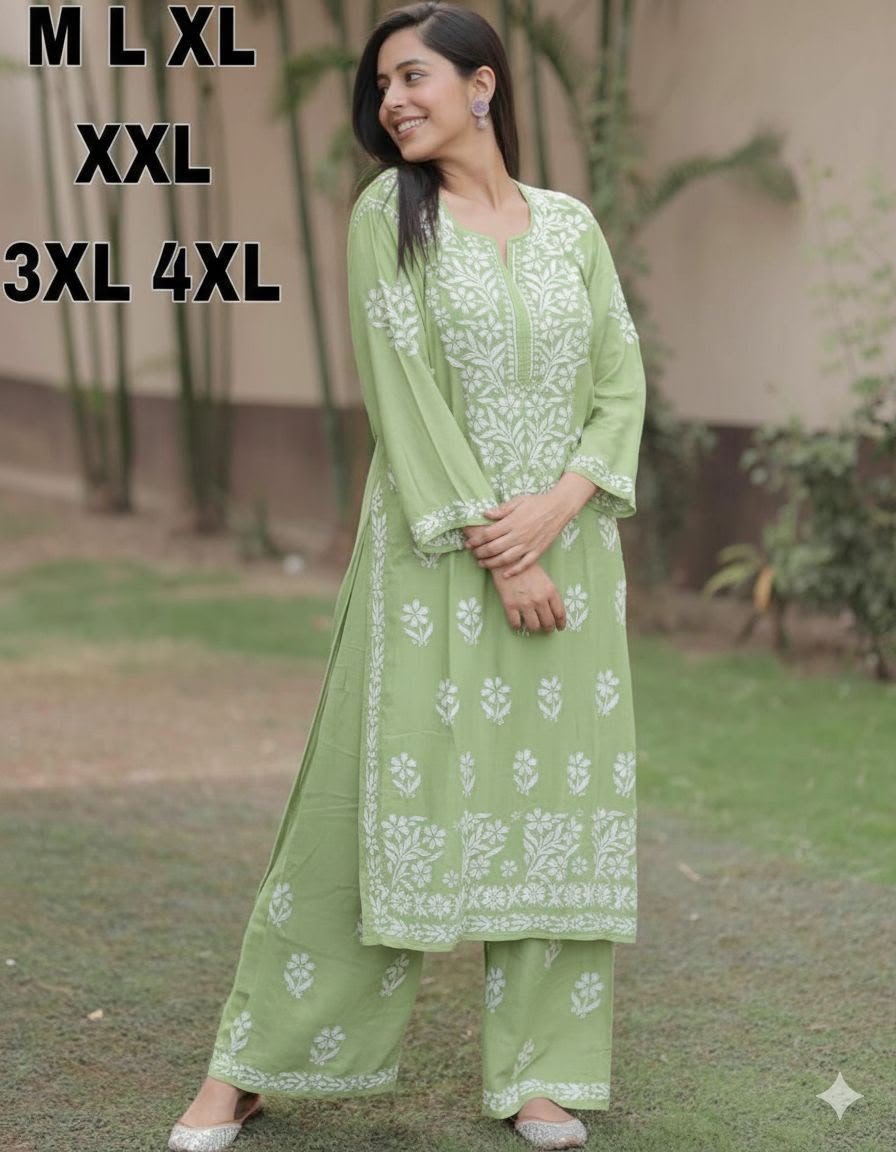Premium Reyon cotton Top with beautiful chikankari work on yoke & Reyon pent - Image 4